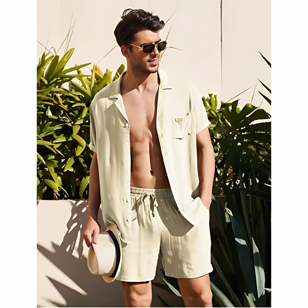 Stijlvolle tweedelige linnen heren zomerset Jairo, comfortabel voor strand, vakantie en casual zomer.