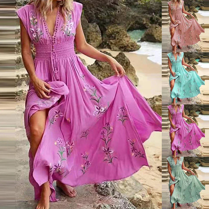 Luchtige dames boho zomerjurk met V-hals en korte mouwen. Ideaal voor casual zomerstijl en vakantie.