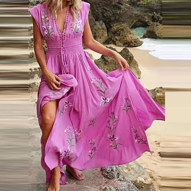 Boho dames zomerjurk Talia met V-hals en korte mouwen, ideaal voor strand, vakantie of een casual look.