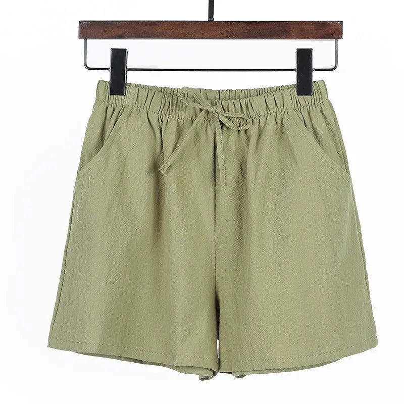 Veelzijdige dames linnen shorts met hoge taille, comfortabel voor strand of stad.