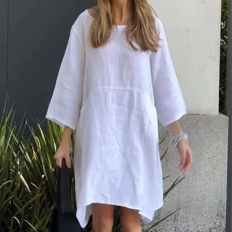 Trendy gekleurde Malia zomerjurk voor dames, luchtig, losvallend en voorzien van praktische zakken.