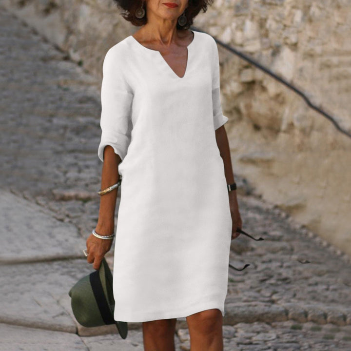 Dames V-hals jurk, effen kleur zomerjurk, elegante midi stijl