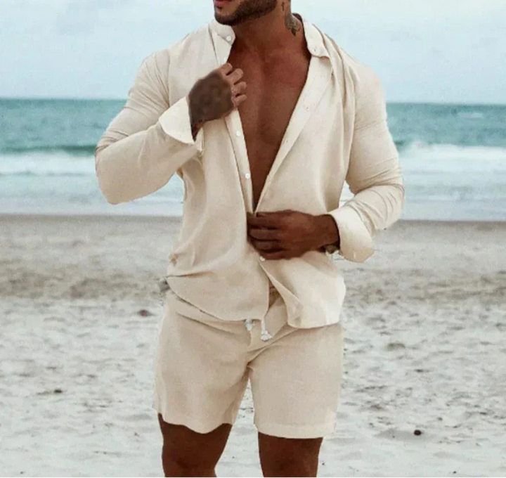Heren zomer overhemd van de Marlo set, luchtig en casual, ideaal voor warme dagen en resortwear outfits.
