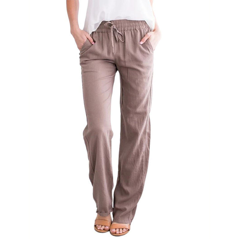 Casual elegante dames zomerbroek van ademend katoen-linnen met elastische taille. Comfortabel en losvallend.