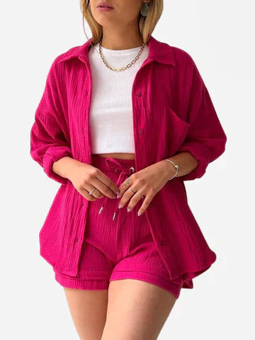 Stijlvolle dames co-ord set met losvallende blouse en broek. Perfect voor casual zomerlooks. Ademend & comfy.