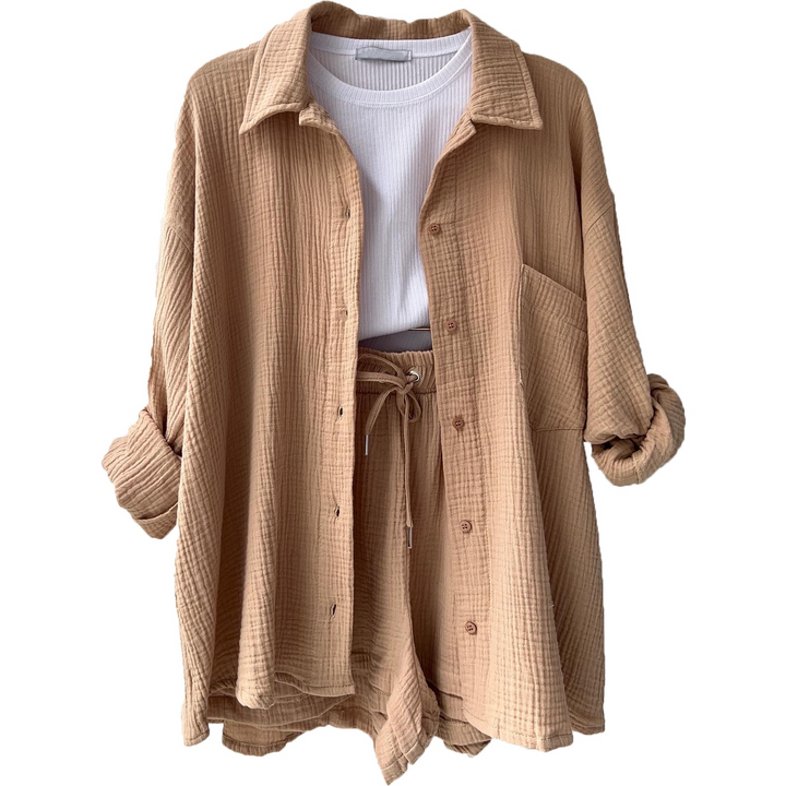 Casual-chique dames co-ord set Maris voor een moeiteloos stijlvolle look. Veelzijdig, luchtig & comfortabel.