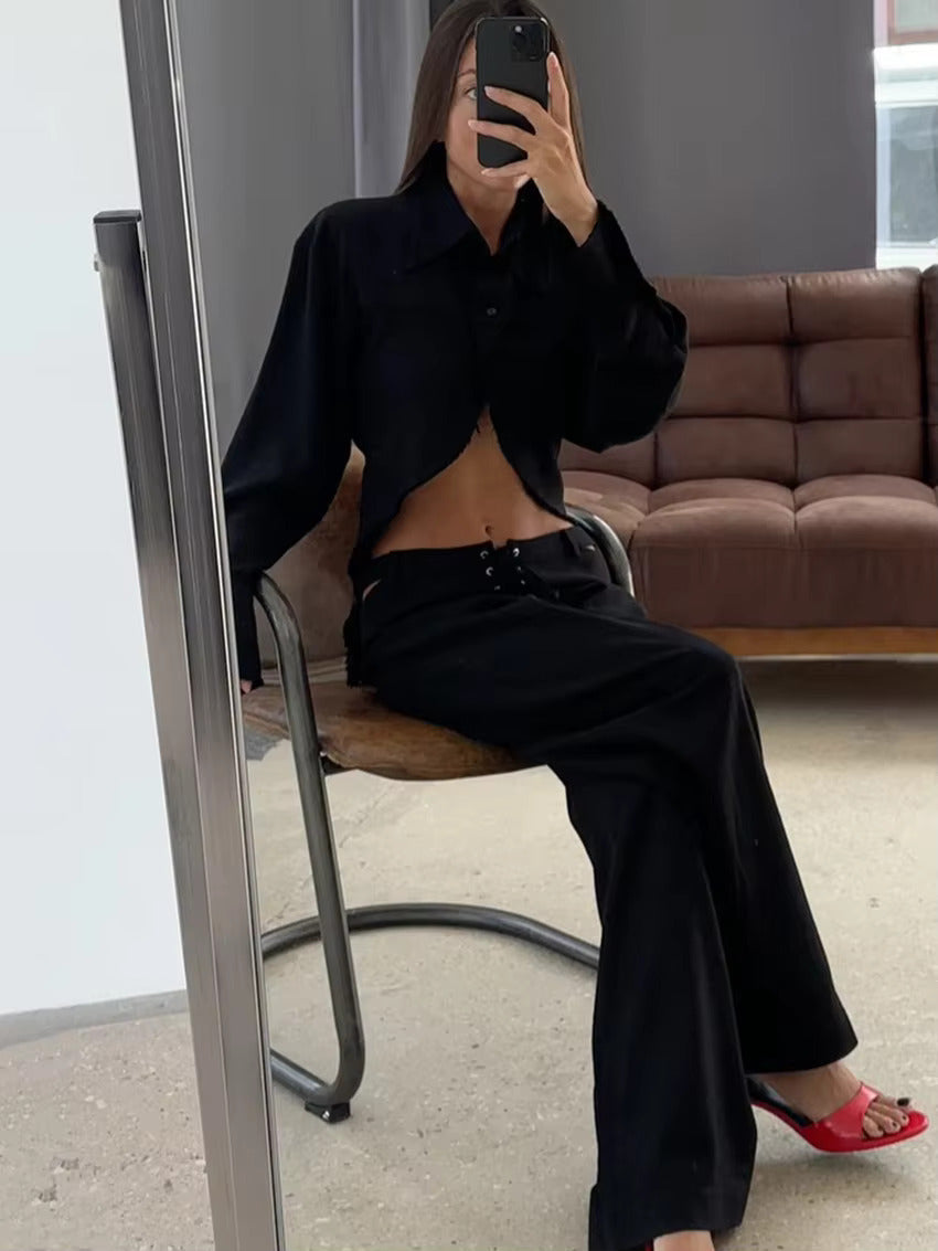 Luchtige Nayela linnen tweedelige damesset met lange mouwen shirt en comfortabele broek, ideaal voor zomer.