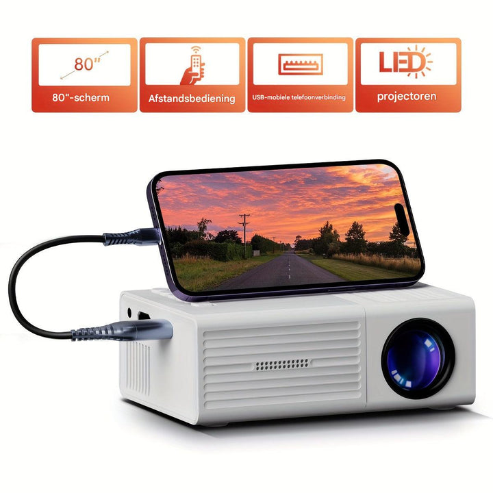 Compacte LumoBeam mini projector, ideaal voor draagbaar entertainment, gaming en filmavonden overal.