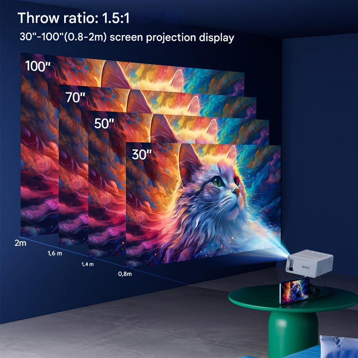 Draagbare LumoBeam mini projector, perfect voor gaming, presentaties en ultieme thuisbioscoop entertainment.