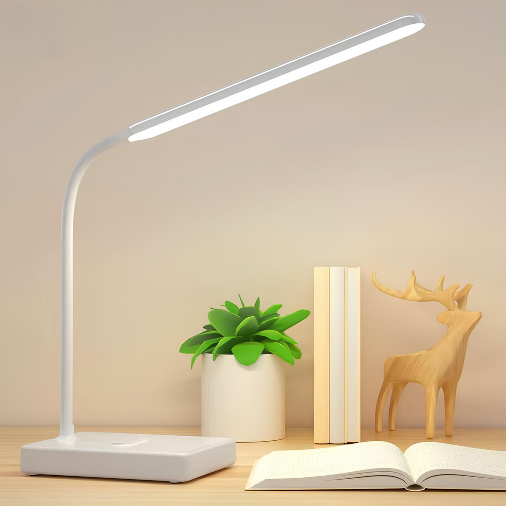 Dimbaar LumoFlex LED tafellamp met 3 lichtkleuren, flexibele arm, USB/stekker, voor comfortabel lezen.