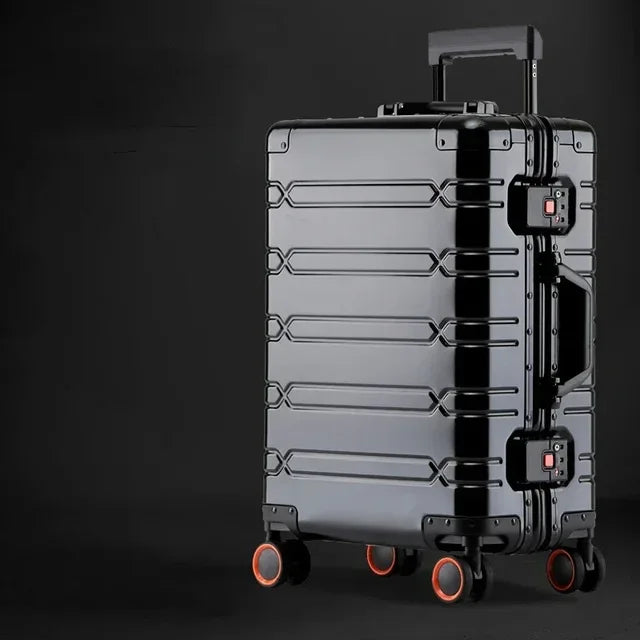 Achterkant van de stabiele aluminium koffer 'Oslo' met spinnerwielen; betrouwbare bagage voor reizen.
