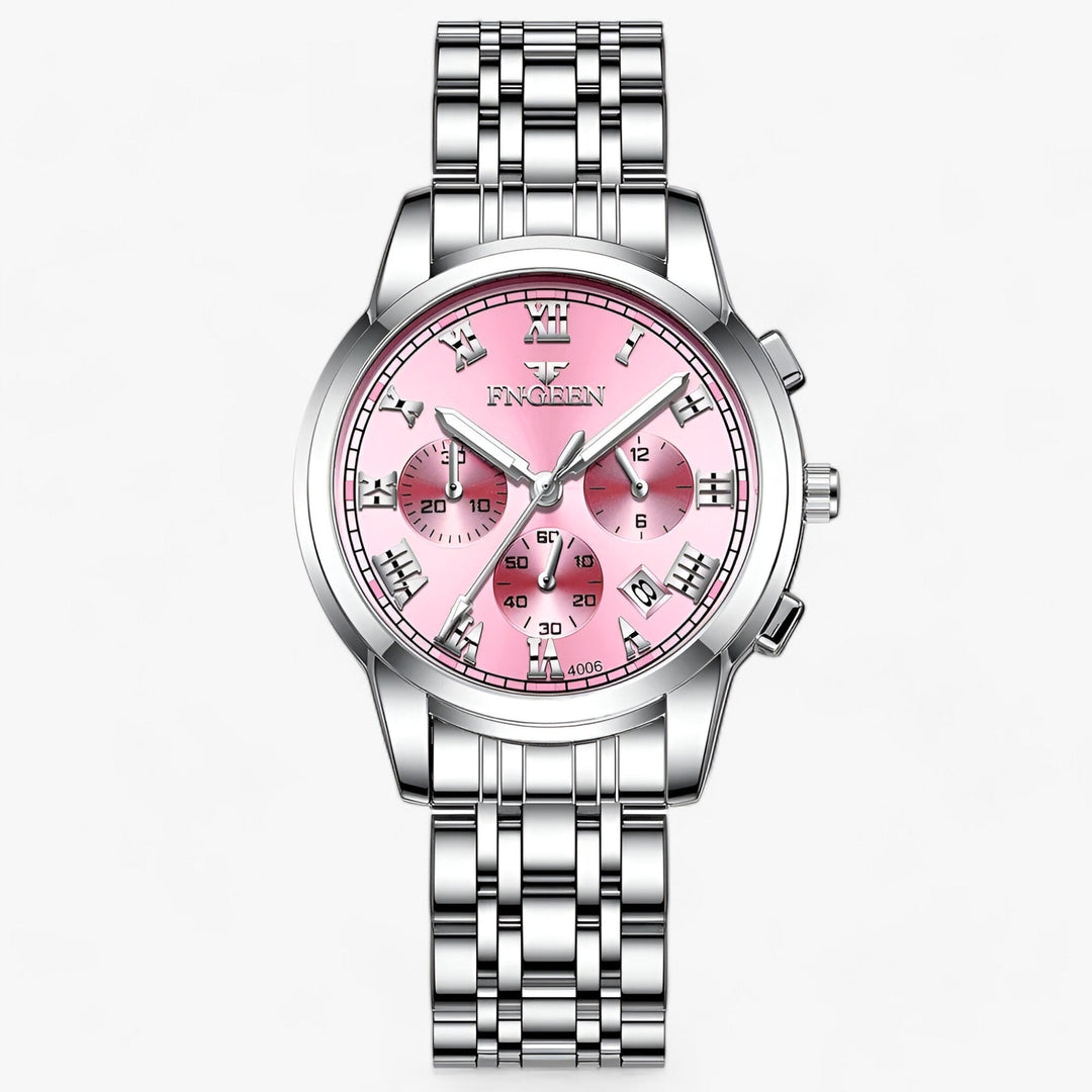 Glanzend titanium dameshorloge Clémence, elegant en waterbestendig. Luxe quartz horloge, ideaal accessoire.