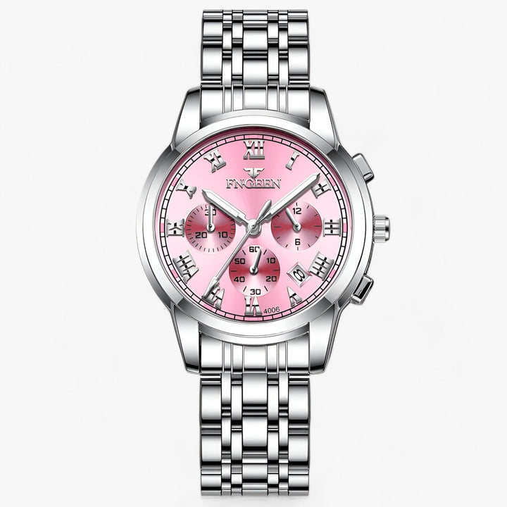 Glanzend titanium dameshorloge Clémence, elegant en waterbestendig. Luxe quartz horloge, ideaal accessoire.