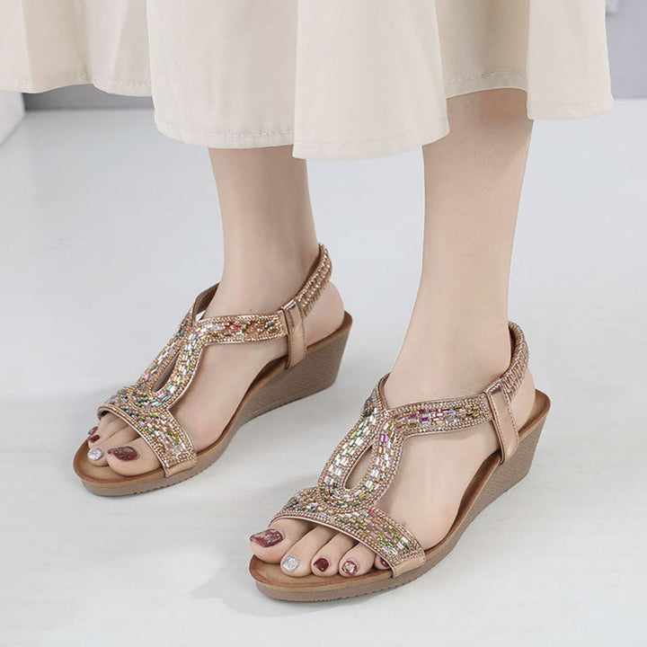 Comfortabele khaki wedge hak sandalen met strass voor dames, zomer klaar.