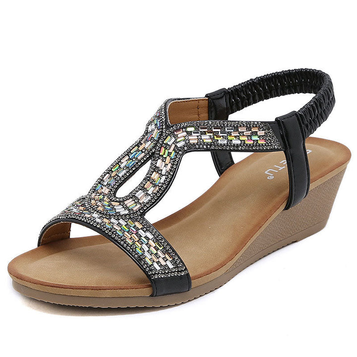Luxe khaki wedge hak sandalen met strass voor dames, ideaal voor speciale gelegenheden.