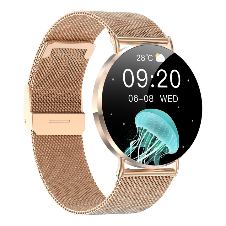 "Luxe dames smartwatch met roestvrijstalen afwerking, modern ontwerp, en stijlvolle uitstraling voor dagelijks gebruik."