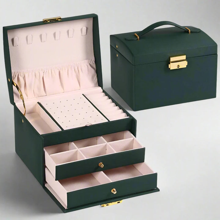 Luxe donkergroene Amylin sieradendoos, 3 lades met zachte fluwelen voering. Perfecte sieradenopberg voor vrouwen.