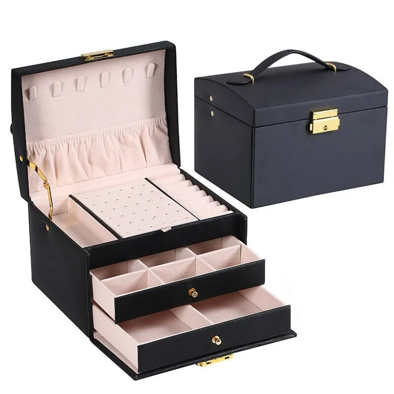 Stijlvolle zwarte sieradendoos van PU-leer met 3 lades en luxe fluwelen binnenkant. Ideale sieraden organizer.