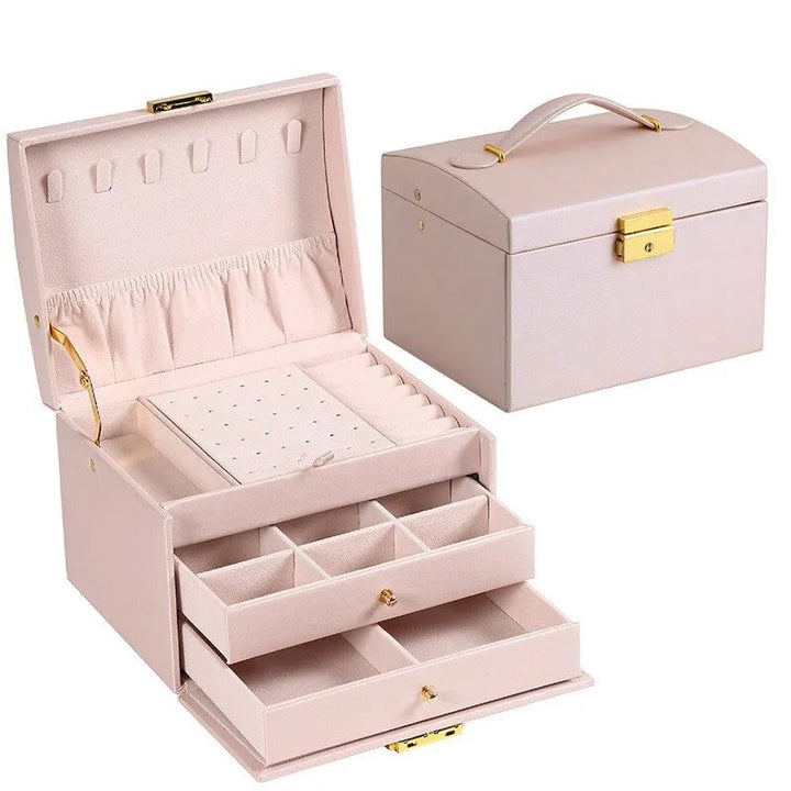 Elegante roze sieradendoos met 3 lagen fluweel voor geordend opbergen. Perfect cadeau voor de moderne vrouw.