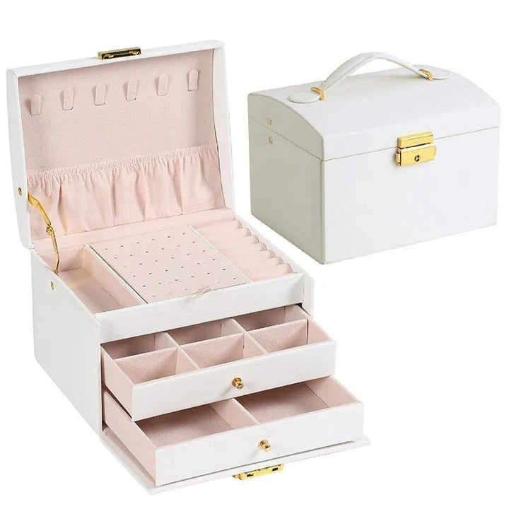 Witte luxe Amylin sieradendoos met 3 lades en fluwelen voering, van duurzaam PU-leer. Voor al je sieraden.