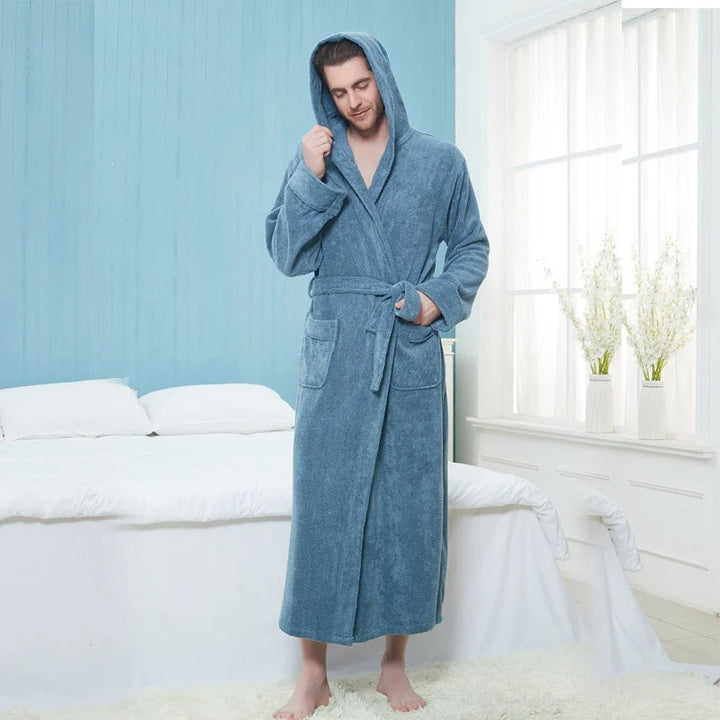 Luxe extra lange herenbadjas WarmteMax voor ultiem comfort, ideaal als warme winterbadjas of ochtendjas.