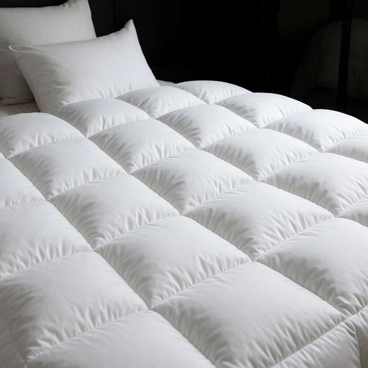 "Luxe ganzendonzen dekbed, wit, licht en luchtig, zorgt voor ultiem comfort en isolatie in elegante slaapkameromgeving."