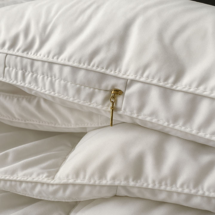 "Luxe ganzendonzen dekbed, wit, licht en luchtig, zorgt voor ultiem comfort en isolatie in elegante slaapkameromgeving."