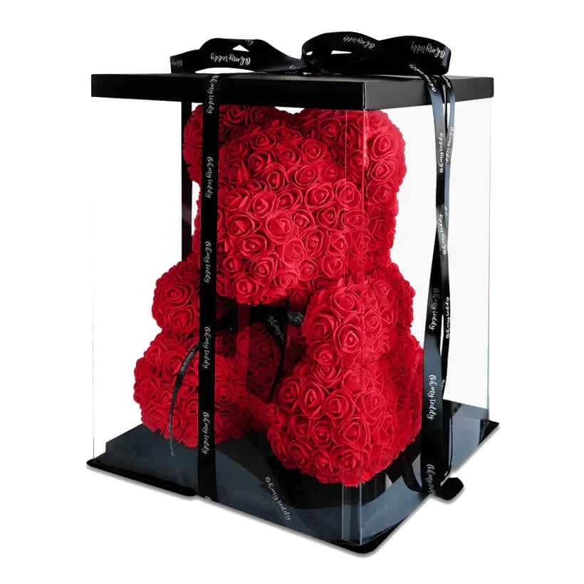 "Luxe handgemaakte rozenbeer in rode kleur, met geschenkdoos. Perfect cadeau 2023 voor liefde en elegantie."