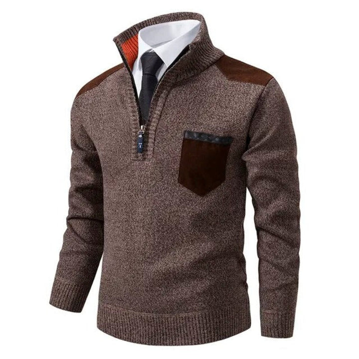 Stijlvolle heren pullover met halve rits en opstaande kraag van luxe kasjmier. Perfecte warme trui.