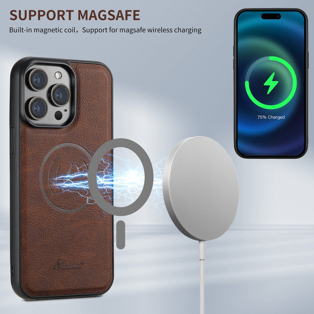 Duurzame luxe leren iPhone hoesje met kaarthouder; MagSafe compatibel voor veilige telefoonaccessoires.