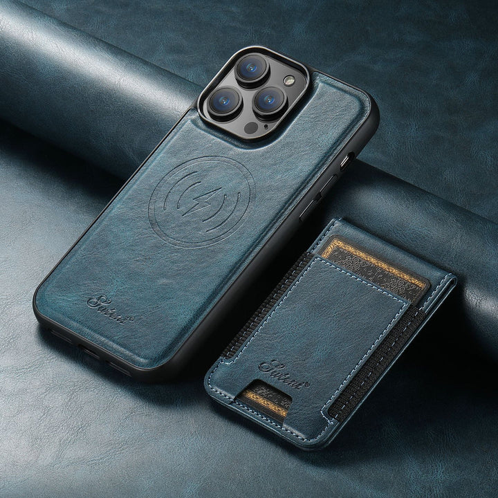 Premium leren telefoonhoes voor iPhone met geïntegreerde kaarthouder, MagSafe ondersteuning. Luxe en stijlvol.