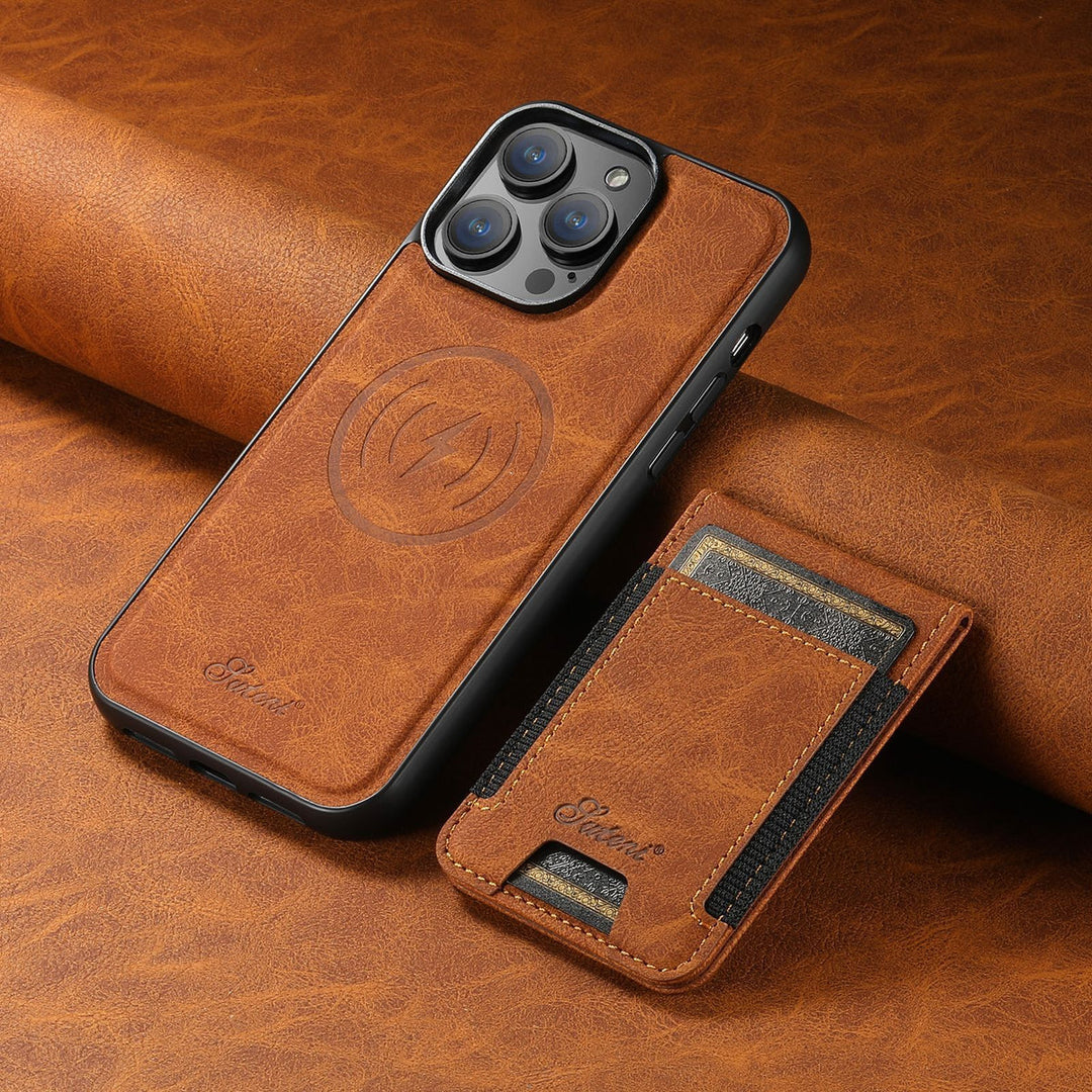 Elegant leren iPhone hoes met MagSafe compatibiliteit en kaarthouder, biedt optimale bescherming en functionaliteit.