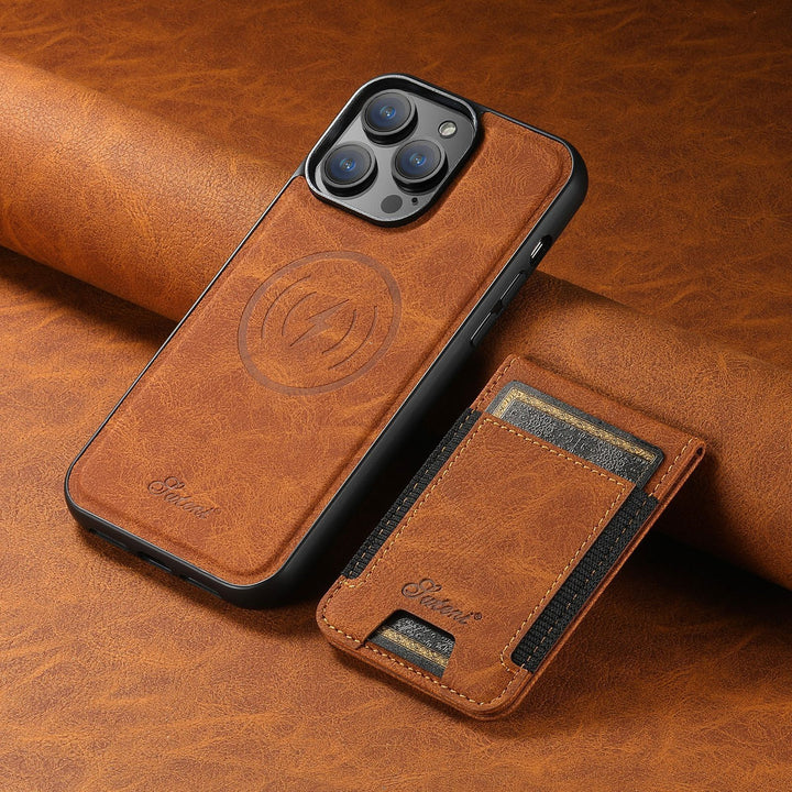 Elegant leren iPhone hoes met MagSafe compatibiliteit en kaarthouder, biedt optimale bescherming en functionaliteit.