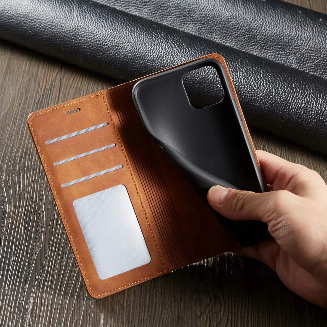 Duurzaam leren iPhone hoesje, magnetisch ontwerp voor optimale bescherming en eenvoudig gebruik. GripFold.