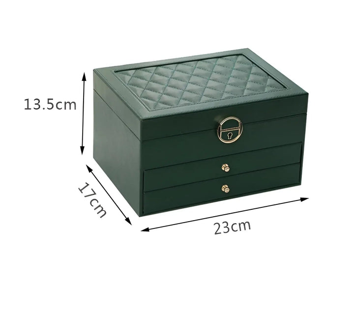 Elegante PU-leren sieradendoos, meerlaags design met vakken voor horloges, ringen, kettingen en oorbellen.