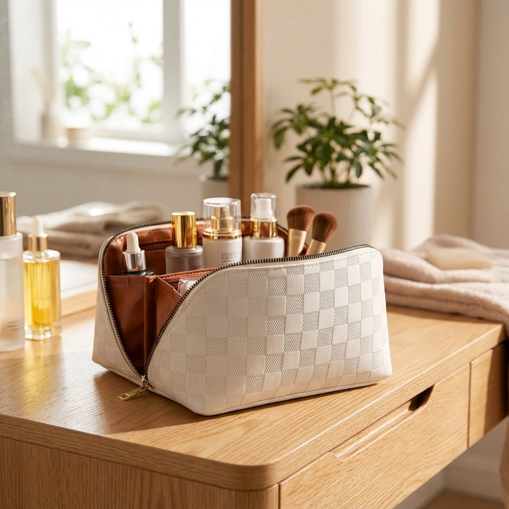 Luxe ruime cosmetictas van polyurethaanleer voor dames, stijlvol en praktisch voor make-up en accessoires.