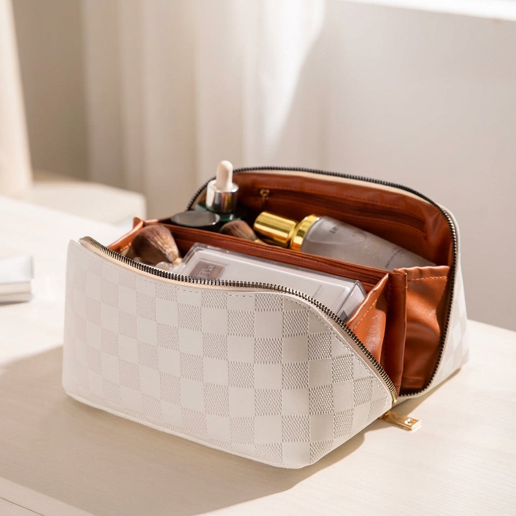 Detail van de luxe polyurethaanleer dames cosmetictas, duurzaam en elegant voor al uw beauty essentials.