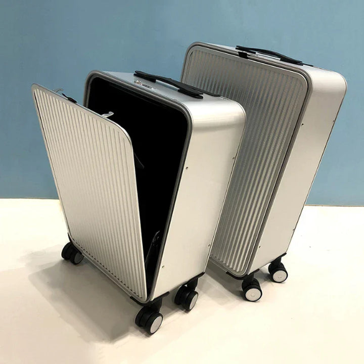 Zwarte Valparaíso aluminium hardcase reiskoffer met spinnerwielen, luxe en duurzaam. Ideale handbagage.
