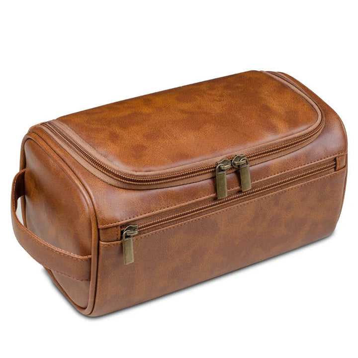 Detail duurzaam leer van Voyago luxe toilettas, waterbestendig en stijlvol, perfecte reis organizer voor heren/dames.