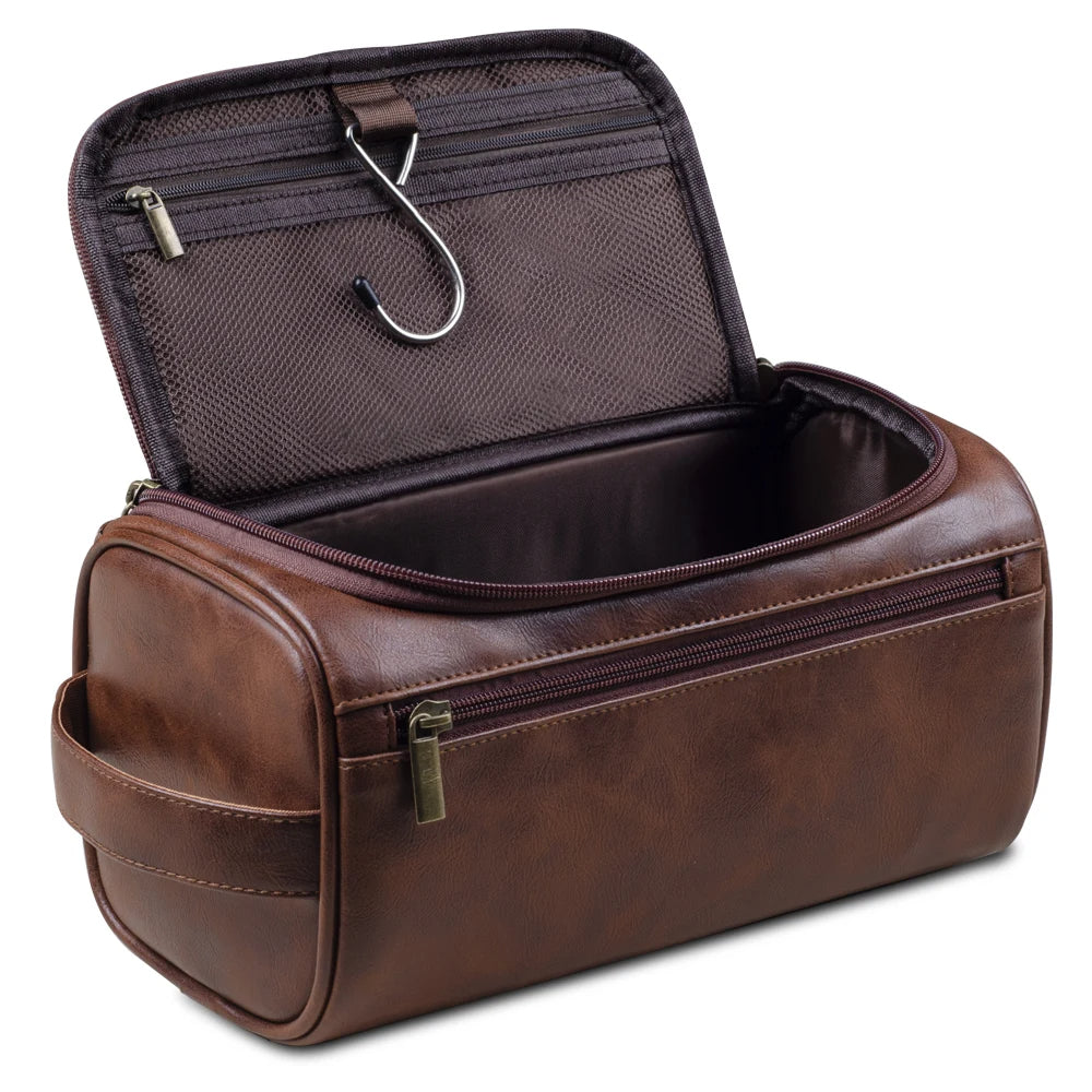 Duurzame compacte Voyago reistoilettas, luxe leren organizer, waterbestendig voor toiletartikelen en lange reizen.