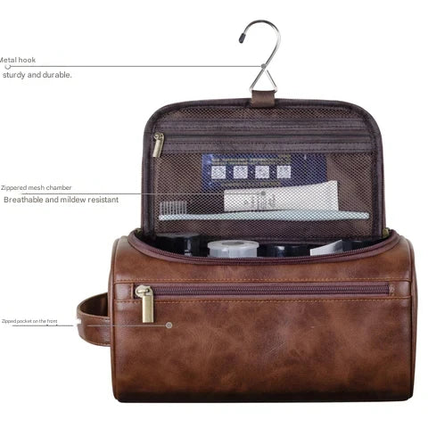 Elegante Voyago luxe toilettas, perfecte reis accessoire en organizer, waterbestendig en duurzaam leer voor badkamer.