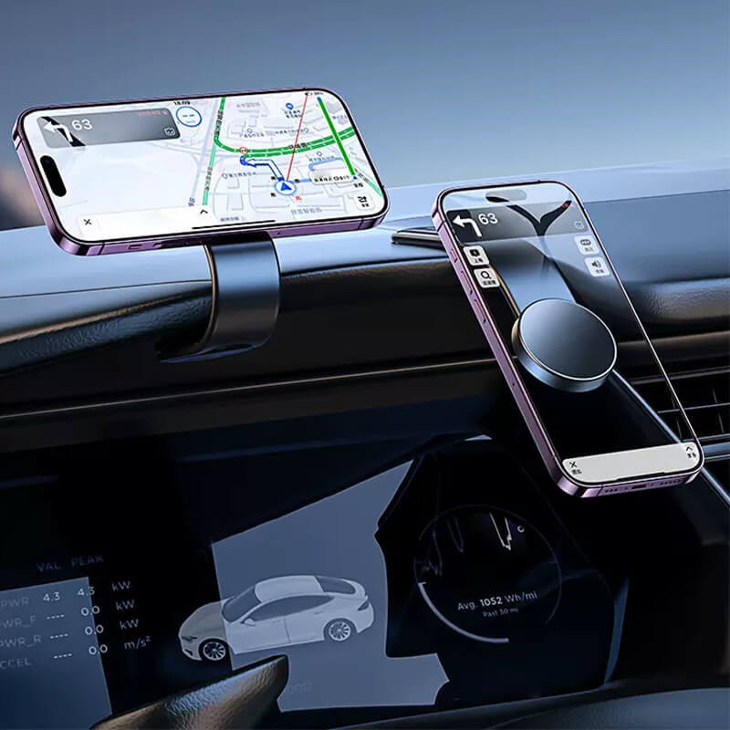 Magnetische autotelefoonhouder met draadloze oplader voor veilige navigatie en handsfree bellen in elke auto.