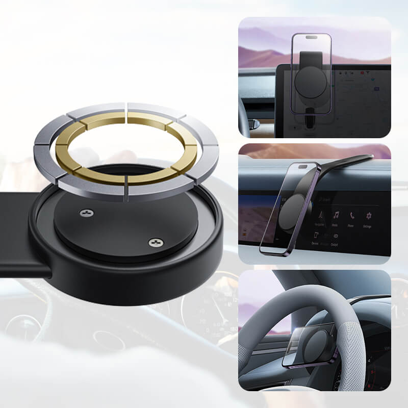 Praktische telefoonaccessoire: draadloze oplaadhouder met sterke magneet voor stabiele bevestiging aan je dashboard.