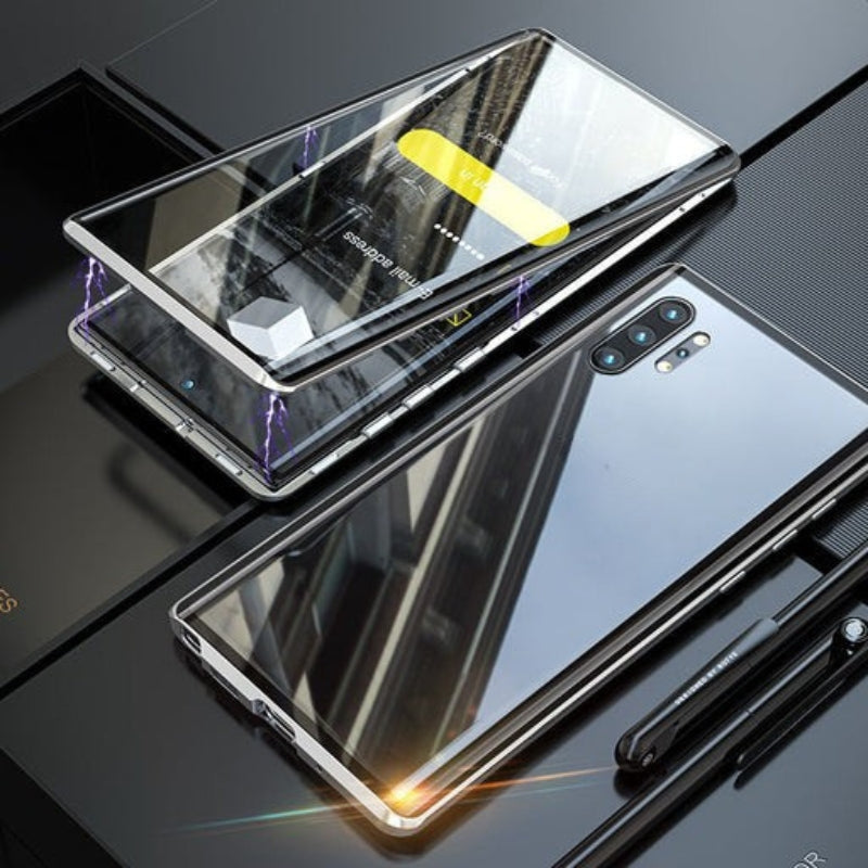 Schokbestendige Samsung hoes: Glazen telefoonhoesje met magnetische sluiting voor maximale bescherming.