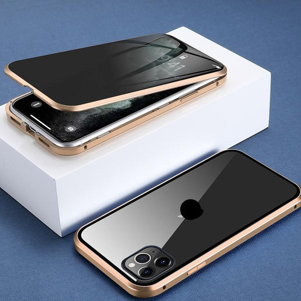 Magnetische iPhone hoes met privacyglas, aluminium frame en valbescherming voor diverse modellen.