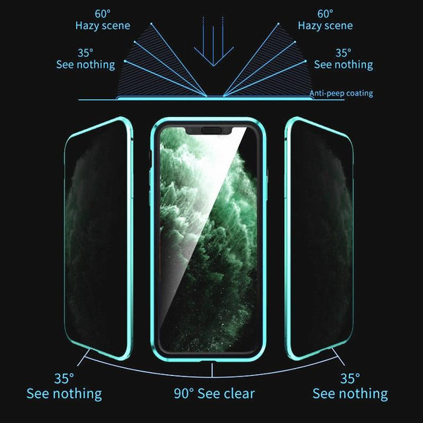 Gouden magnetische iPhone hoes met privacyfilter van gehard glas en aluminium voor premium bescherming.