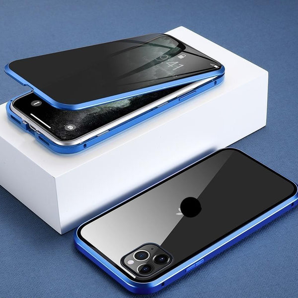 Rode PrivaGuard iPhone telefoonhoes, magnetisch frame, privacybescherming en valbestendigheid.