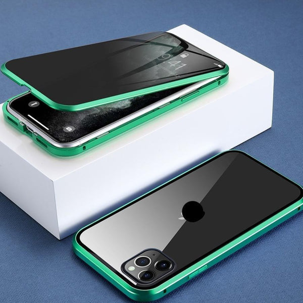 Zilveren magnetische iPhone hoes met geïntegreerd privacyglas, stevige aluminium bescherming.
