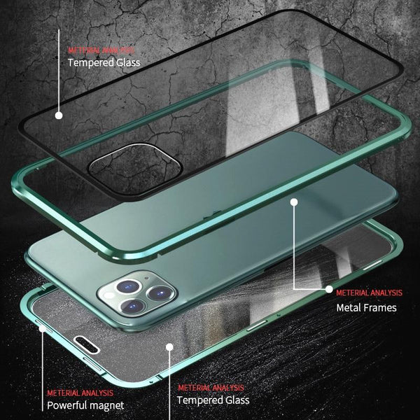 Stijlvolle iPhone accessoire: magnetische beschermhoes met privacyglas, gehard glas en aluminium.