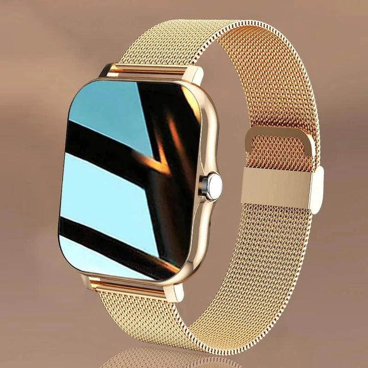 Elegante dames smartwatch in rosé goud met gezondheidstracking functie en activity tracker.